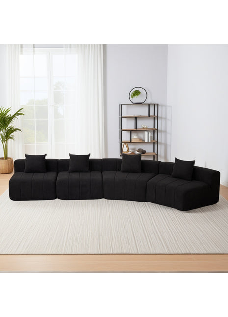 Likeshoppe Curved Modular Chenille Sectional Sofa – Black 4-Seat Cloud Couch with Pillows for Modern Living Room