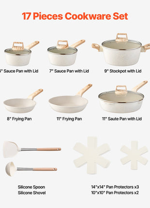 Likeshoppe 17-Piece Non-Stick Cookware Set – Maifan Stone Pots and Pans Set for Gas, Electric & Induction Stovetops