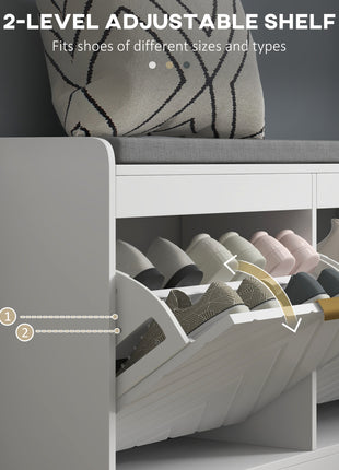 Narrow Entryway Shoe Storage Bench with Cushion – White Flip Drawer Shoe Rack Cabinet