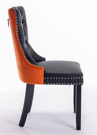 Black & Orange Tufted Dining Chairs Set of 2 – Upholstered PU Leather Chairs with Nailhead Trim and Wood Legs