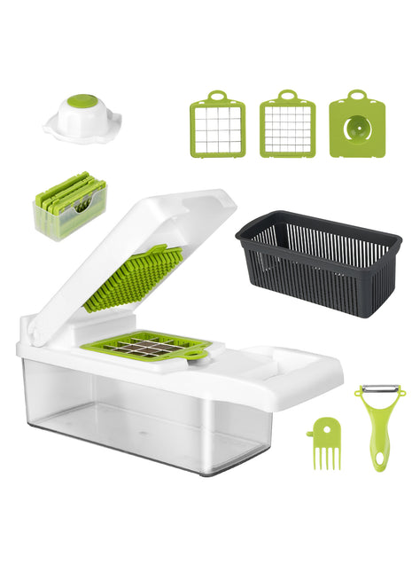 12-in-1 Vegetable Chopper Slicer Dicer Set – Kitchen Food Cutter with Container & Safety Guard