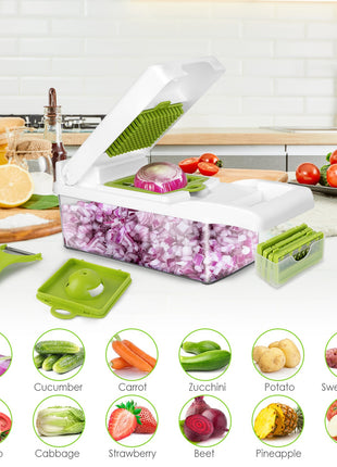 12-in-1 Vegetable Chopper Slicer Dicer Set – Kitchen Food Cutter with Container & Safety Guard