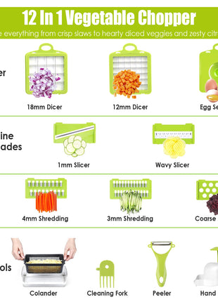 12-in-1 Vegetable Chopper Slicer Dicer Set – Kitchen Food Cutter with Container & Safety Guard
