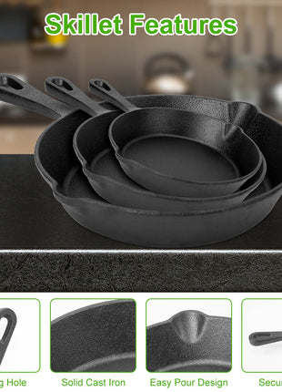 3-Piece Pre-Seasoned Cast Iron Skillet Set – Non-Stick Frying Pans for Indoor & Outdoor Cooking