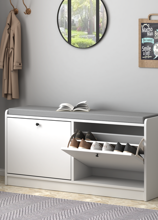 Entryway Shoe Storage Bench with Cushion – White Shoe Rack Organizer Cabinet for Hallway & Bedroom
