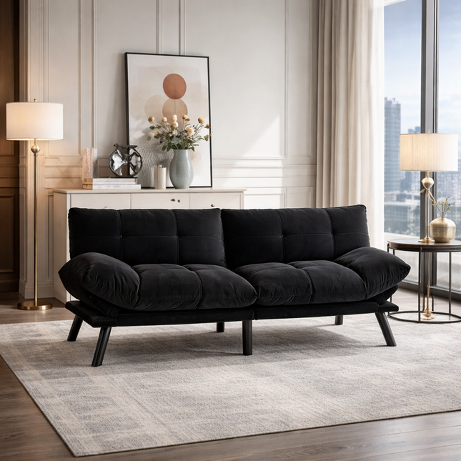 Likeshoppe Convertible Folding Sofa Bed – Modern 2-Seater Upholstered Couch with Adjustable Backrest & Armrests (Black)
