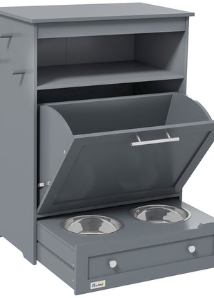 Pet Feeder Station with Storage Cabinet – Raised Dog Bowl Feeding Station Grey