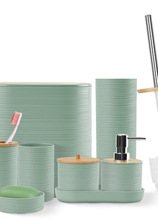 8Pcs Bathroom Accessories Set with Trash Can, Soap Dispenser & Bamboo Tray