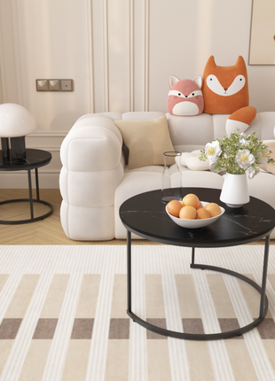 Round Nesting Coffee Table Set of 2 – Marble Pattern Modern Coffee Tables with Metal Frame
