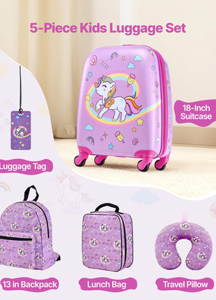 Unicorn Kids 5 Piece Carry On Luggage Set | 18 Inch Rolling Suitcase with Backpack & Travel Pillow | Likeshoppe