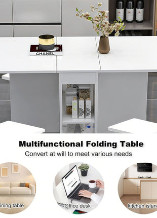 Likeshoppe Folding Drop Leaf Dining Table Set for 4 with Storage & Wheels – Space Saving White Table and Chairs for Small Spaces