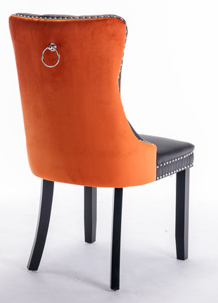 Black & Orange Tufted Dining Chairs Set of 2 – Upholstered PU Leather Chairs with Nailhead Trim and Wood Legs