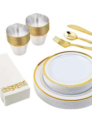 175PCS Gold Rim Disposable Dinnerware Set for 25 Guests – Elegant Party Plates Cups & Utensils