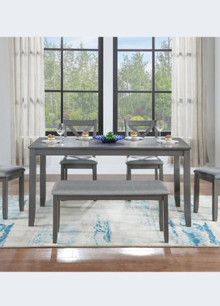 Likeshoppe 6 Piece Kitchen Dining Set, Rectangular Wooden Dining Table With 4 Upholstered Chairs And A Bench, Dining Table Set For 6 People, Living Room, Home Bar And Kitchen, Gray
