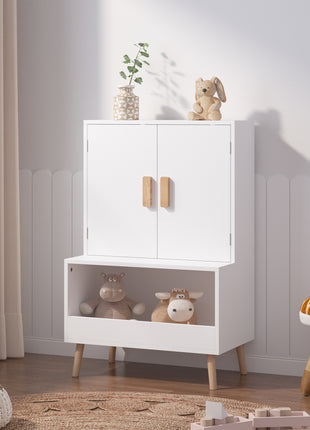 Likeshoppe Kids Toy Storage Cabinet with Doors and Open Shelf – Modern White Wooden Organizer for Nursery, Playroom & Bedroom