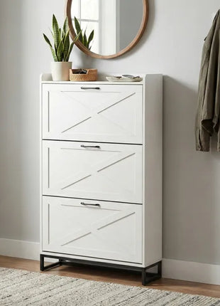 Barn Door Shoe Cabinet with 3 Flip Drawers – Farmhouse Tall Entryway Shoe Storage
