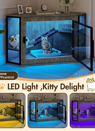 48" Corner Cat Litter Box Enclosure with LED Light – Hidden Cat House Cabinet with Acrylic Door