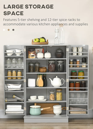 5-Tier Kitchen Pantry Cabinet with Spice Rack – Space-Saving Storage Cupboard with Adjustable Shelves (Gray)