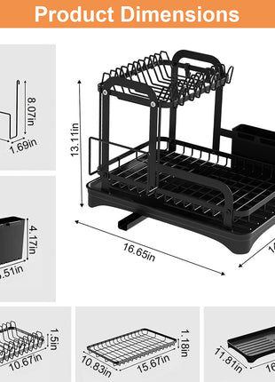 2-Tier Dish Drying Rack with Drainboard – Large Capacity Kitchen Dish Rack with Utensil Holder & Auto Drain System