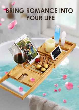 Extendable Bamboo Bathtub Caddy Tray – Luxury Bath Tray with Book & Wine Holder
