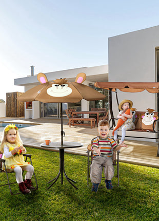 Kids Outdoor Table and Chair Set with Umbrella – Monkey 4-Piece Patio Furniture Set for Backyard Ages 3–6