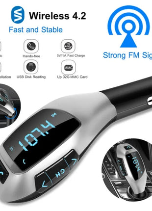 Likeshoppe Bluetooth 4.2 Car FM Transmitter with USB & TF Card – Hands-Free Calling Wireless Adapter with LED Display & Charger