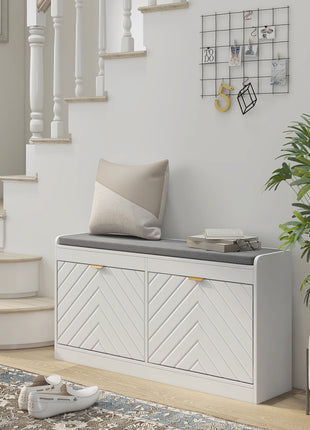 Narrow Entryway Shoe Storage Bench with Cushion – White Flip Drawer Shoe Rack Cabinet