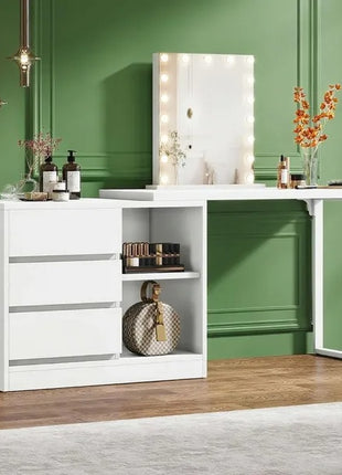 L-Shaped Makeup Vanity Desk with Drawers – Modern White Dressing Table with Storage Cabinet