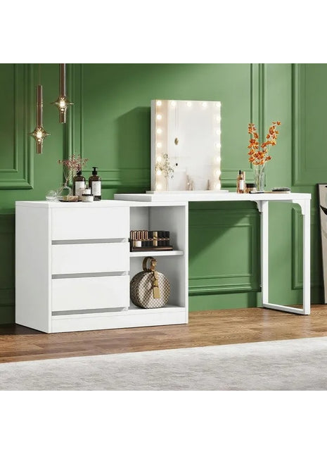 L-Shaped Makeup Vanity Desk with Drawers – Modern White Dressing Table with Storage Cabinet