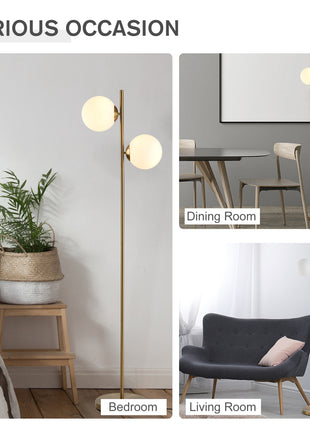 Modern Gold Floor Lamp with Dual Globe Glass Shades – 2-Light Standing Lamp with Foot Switch for Living Room & Bedroom