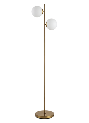 Modern Gold Floor Lamp with Dual Globe Glass Shades – 2-Light Standing Lamp with Foot Switch for Living Room & Bedroom
