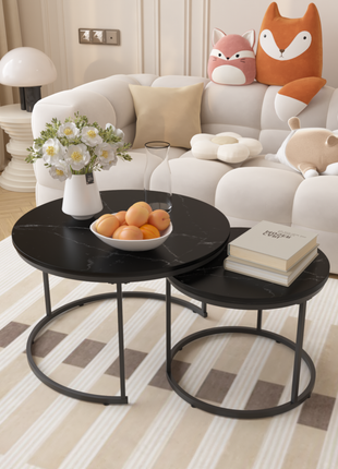Round Nesting Coffee Table Set of 2 – Marble Pattern Modern Coffee Tables with Metal Frame