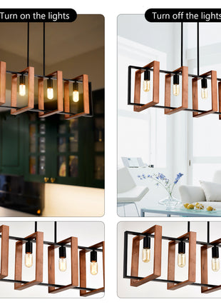 Likeshoppe Farmhouse Kitchen Island Pendant Light – 36" Rustic Wood & Black Metal 4-Light Dining Room Chandelier