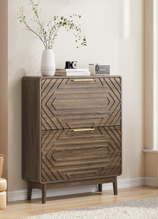 Walnut Mid-Century Shoe Cabinet with Flip Drawers – Slim Entryway Shoe Storage Organizer