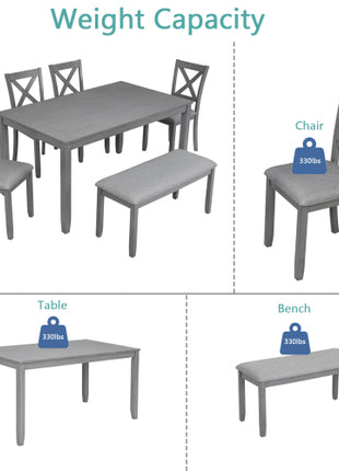 Likeshoppe 6 Piece Kitchen Dining Set, Rectangular Wooden Dining Table With 4 Upholstered Chairs And A Bench, Dining Table Set For 6 People, Living Room, Home Bar And Kitchen, Gray