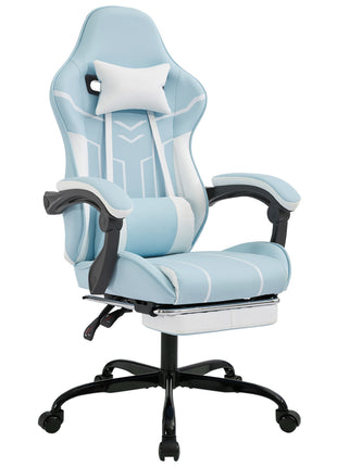 Ergonomic Gaming Chair with Footrest – Reclining Computer Desk Chair with Lumbar Massage Blue White
