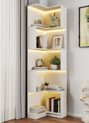 Likeshoppe 5 Tier Corner Bookshelf with LED Lights – Modern L-Shaped Space Saving Display Shelf for Small Spaces, Living Room & Home Office