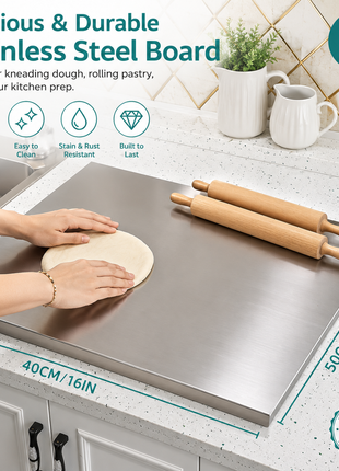LIKESHOPPE 304 Stainless Steel Cutting Board with Lip – Double-Sided Kitchen Chopping Board for Meat, Vegetables, Dough & Baking