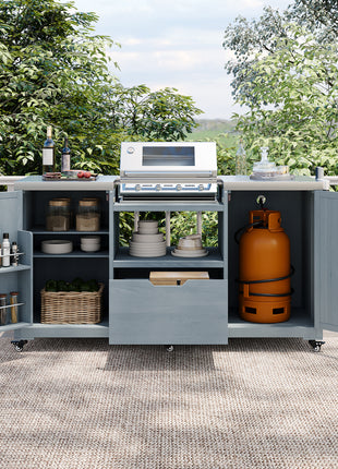 66.5" Outdoor Kitchen Island Grill Cart with Stainless Steel Countertop & Storage Cabinets – Solid Wood BBQ Prep Table (Grey Blue)