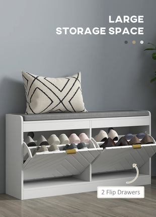Narrow Entryway Shoe Storage Bench with Cushion – White Flip Drawer Shoe Rack Cabinet