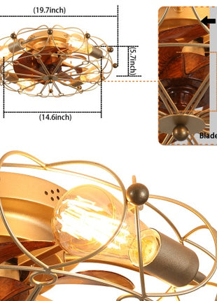Likeshoppe Gold Caged Ceiling Fan with Light & Remote – Modern Low Profile Flush Mount Fan with 6 Speeds for Bedroom, Kitchen & Living Room