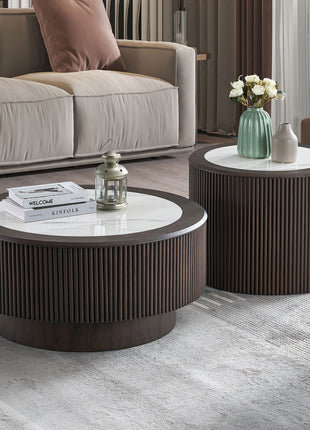 Modern Faux Marble Round Coffee Table Set – Nesting Living Room Tables with Pedestal Base (Dark Brown)