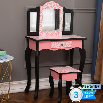 AY5- Kids Gisele Leopard Print Wooden Vanity Set with Tri-Fold Mirror Table and Chair, Pink/Black, - Likeshoppe 