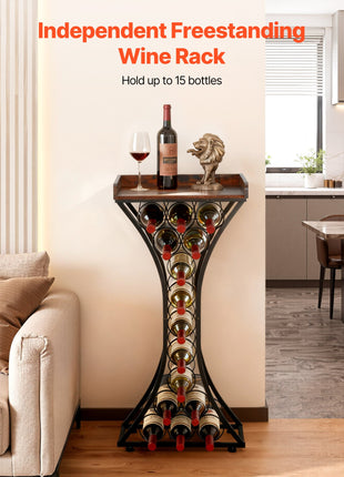 Freestanding 15 Bottle Wine Rack with Top Shelf – Modern Metal Floor Wine Storage Organizer for Kitchen, Dining Room & Home Bar