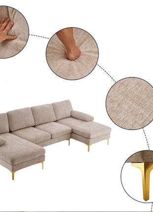 Likeshoppe U-Shaped 4-Seat Modular Sectional Sofa – Luxury Chenille Living Room Couch in Cream & Creamy White
