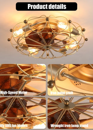 Likeshoppe Gold Caged Ceiling Fan with Light & Remote – Modern Low Profile Flush Mount Fan with 6 Speeds for Bedroom, Kitchen & Living Room
