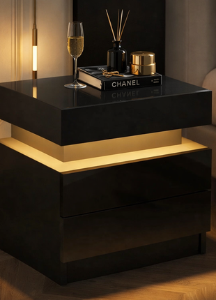 LED Nightstand with 2 Drawers – Modern Black Bedside Table with RGB Lights (Set of 2)