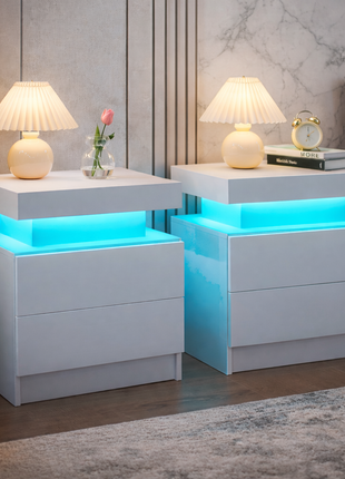 LED Nightstand with 2 Drawers – Modern Black Bedside Table with RGB Lights (Set of 2)
