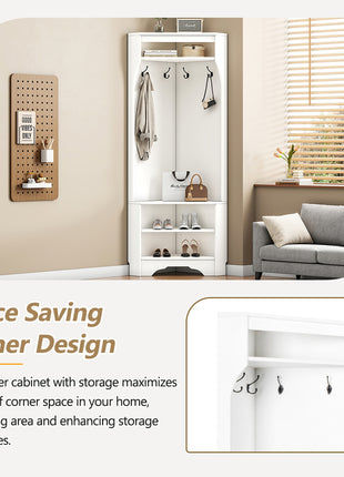 Corner Hall Tree with Shoe Bench & Coat Hooks – Space Saving Entryway Organizer