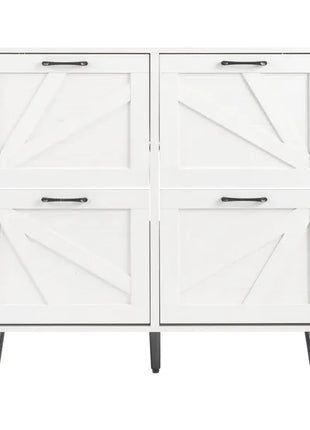 Farmhouse Barn Door Shoe Cabinet with 4 Flip-Down Drawers – Distressed White